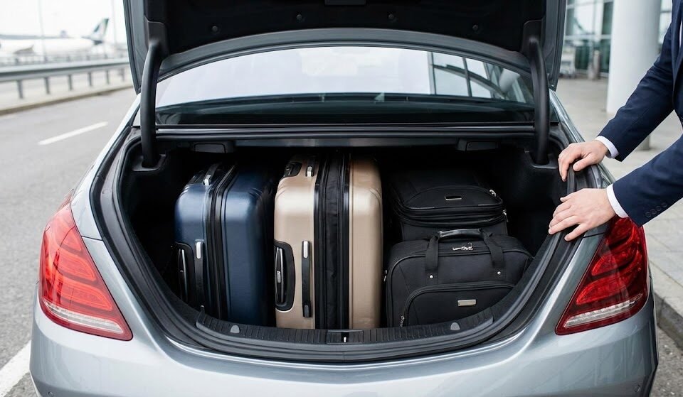 a chauffeur loading multiple large suitcases into the spacious trunk of a sedan for an airport transfer.