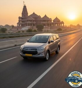 a comfortable taxi from agarwal cabs driving on a highway towards the grand temple in ayodhya at sunrise.