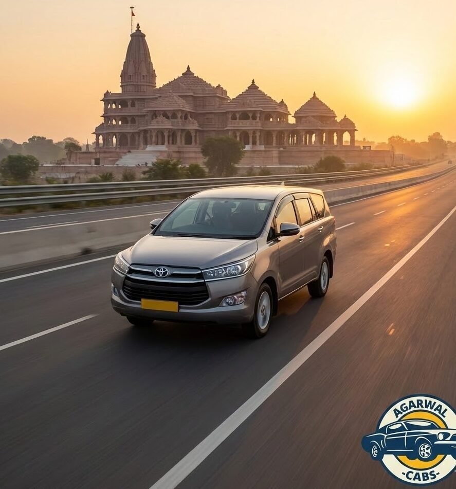 a comfortable taxi from agarwal cabs driving on a highway towards the grand temple in ayodhya at sunrise.