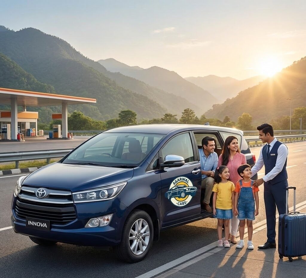 a family of four with a driver and luggage next to a dark blue agarwal cabs toyota innova at a highway rest stop with mountains in the background at sunset.
