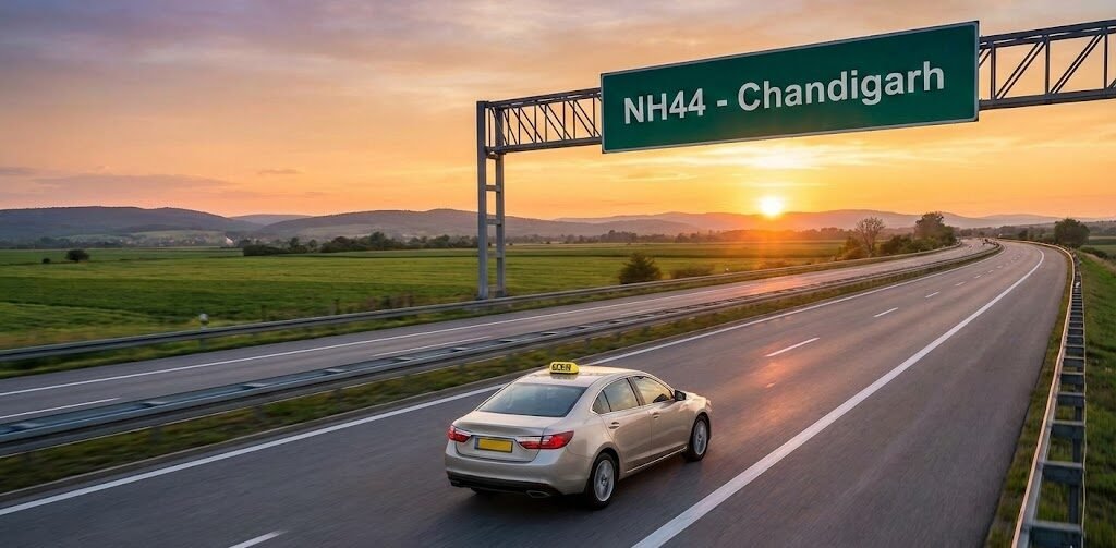 a private taxi on the nh44 highway at sunrise, heading towards chandigarh.