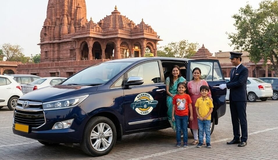 a uniformed driver from agarwal cabs holding the door open for a smiling family next to a branded toyota innova taxi at a temple site.