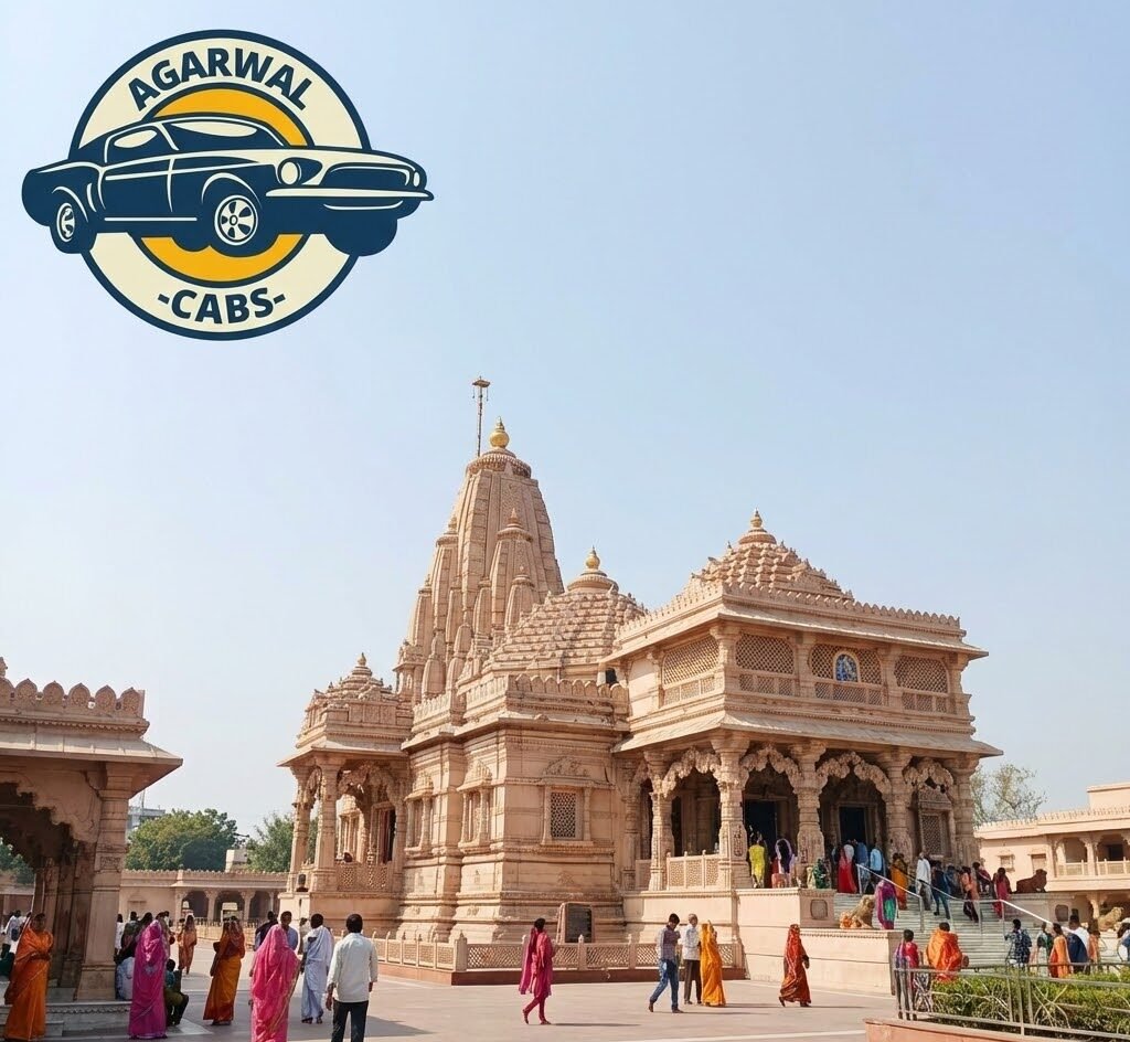 a view of the shri krishna janmabhoomi temple complex in mathura, a popular pilgrimage site, with the agarwal cabs logo in the corner.