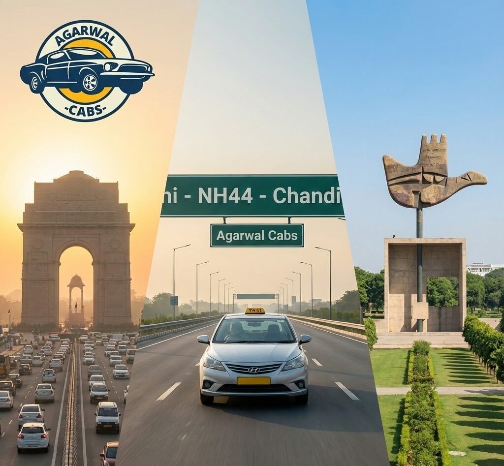 agarwal cabs taxi on nh44 highway connecting india gate delhi to open hand monument chandigarh.