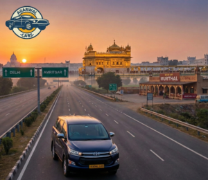 Agarwal Cabs Toyota Innova taxi on the Delhi-Amritsar highway at sunrise, with signs for Delhi and Amritsar, the Golden Temple in the background, a Murthal dhaba on the side, and the Agarwal Cabs logo in the top-left corner
