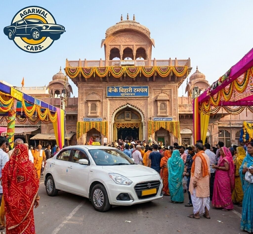 the entrance of the banke bihari temple in vrindavan filled with devotees, with an agarwal cabs taxi parked nearby and the logo in the corner.
