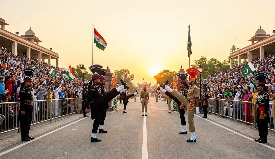 vibrant beating retreat ceremony at the wagah attari border near amritsar at sunset with soldiers marching and a large crowd cheering.